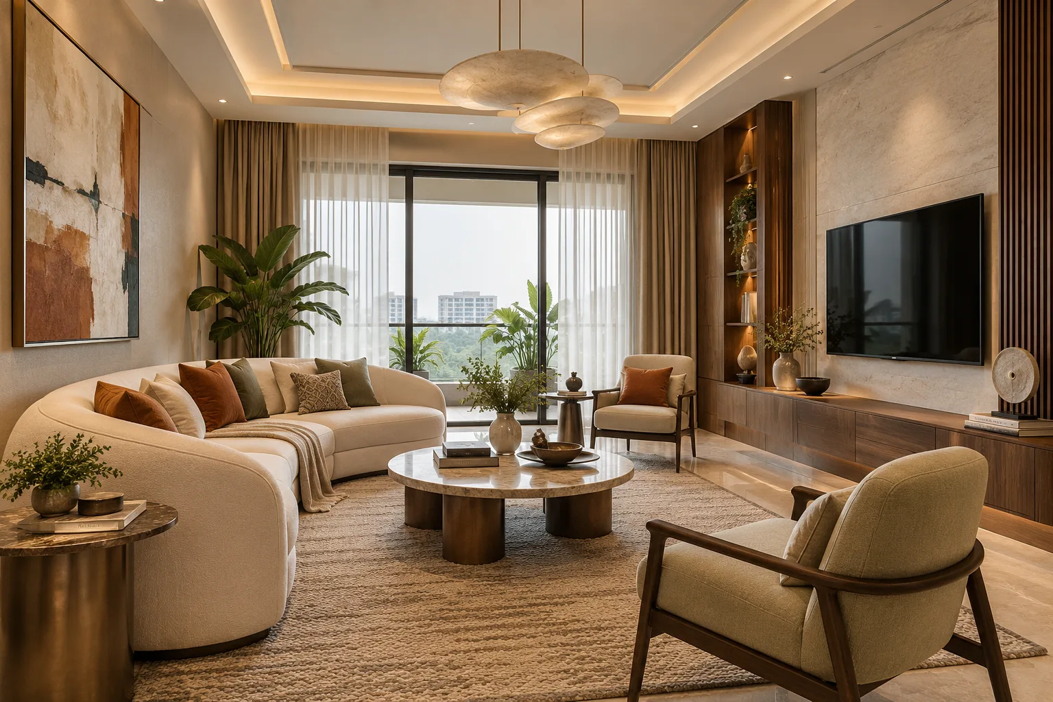 Signature: Luxury living room with refined stone, wood veneer and tailored furniture, representing Foyer2Attic’s ₹25–50 lakh whole-home interiors.