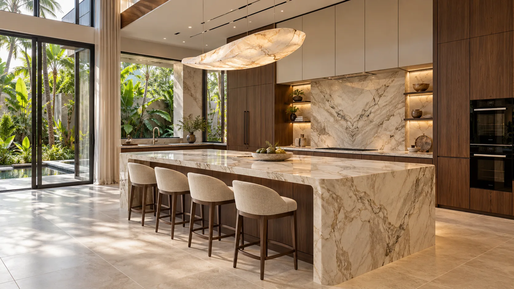 ultra luxury kitchen with sculpted island dining in natural stone