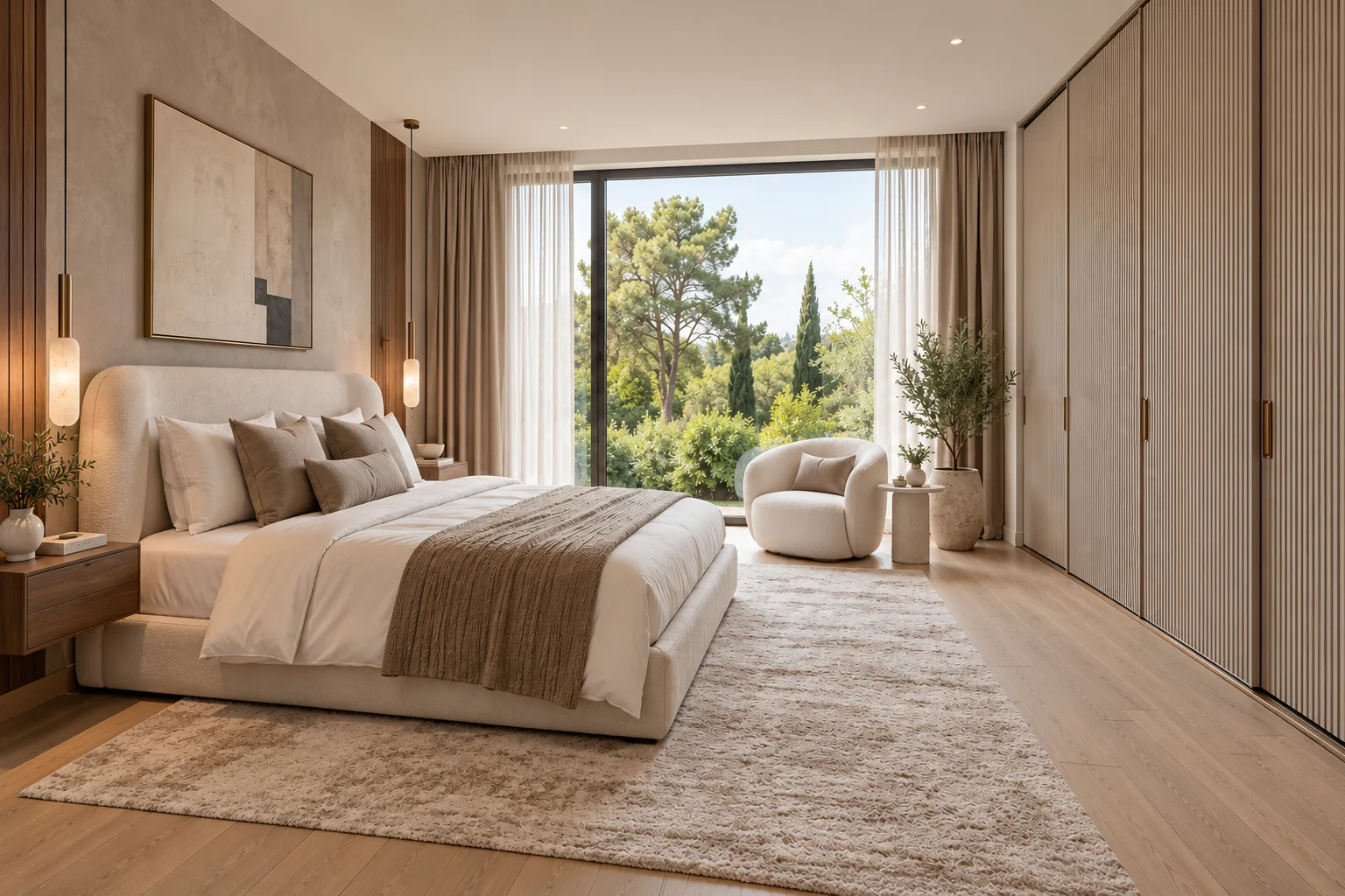 luxury bedroom with fluted wardrobes
