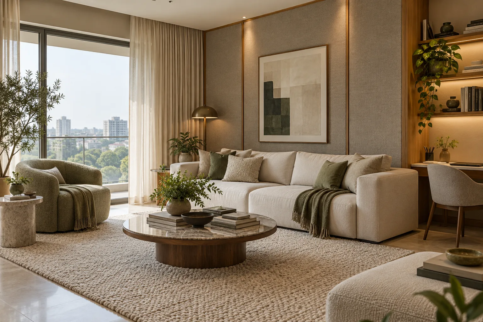 Illustrative contemporary apartment living room with upholstered seating, a thick rug, full-height curtains and discreet fabric acoustic panels