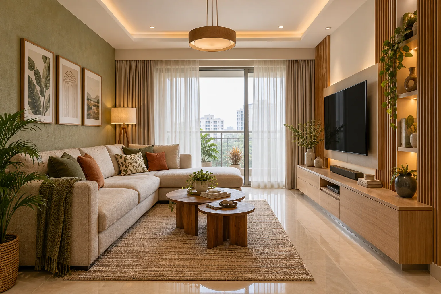 Expression: Contemporary living room with personalised joinery, textured finishes and layered lighting, representing Foyer2Attic’s ₹8–25 lakh whole-home interiors.
