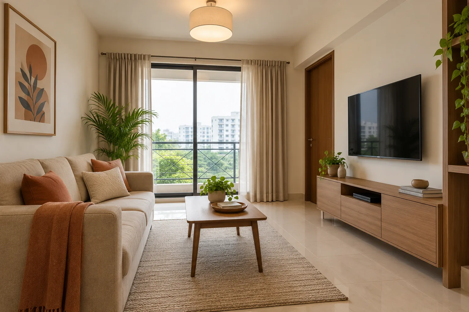 Essential: Modern living room with a neutral sofa, practical TV unit and warm finishes, representing Foyer2Attic’s ₹7–12 lakh whole-home interiors.
