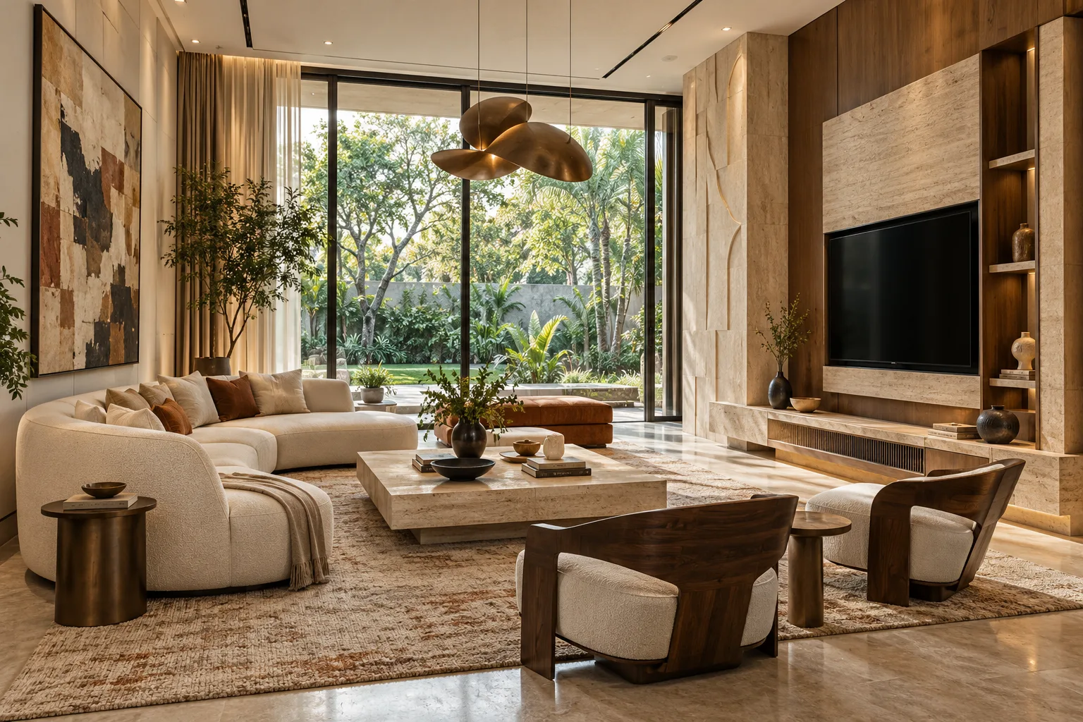Atelier: Bespoke luxury living room with statement materials and custom craftsmanship, representing Foyer2Attic’s whole-home interiors above ₹50 lakh.